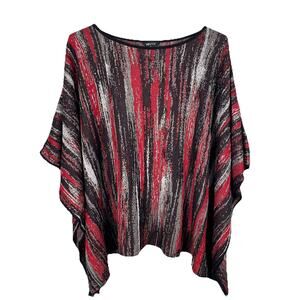 Misook Poncho Top Womens XL Black Red Abstract Stripe Art to Wear Boho Lagenlook